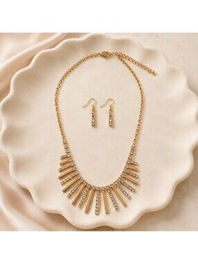 Lightweight Gold Tone Rhinestone Bar Statement Necklace Earrings Set